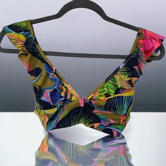 Aerie Swim Real Good Tropical Print Ruffle Longline Triangle Bikini Top Swimwear - Picture 1 of 9